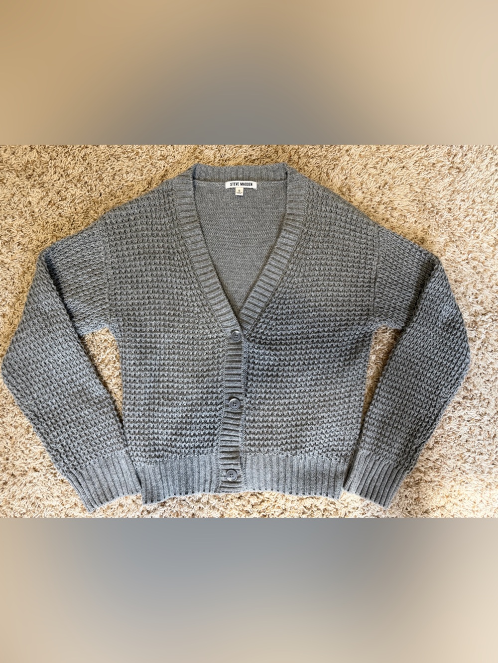 Steve Madden Gray Waffle Knit V-Neck Cardigan